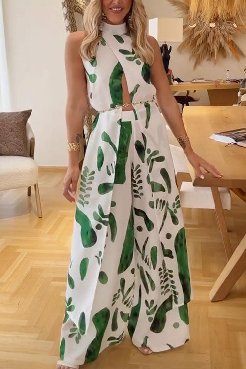Mockneck Split Wrap Front Sleeveless Top and Wide Leg Pants Printed Set