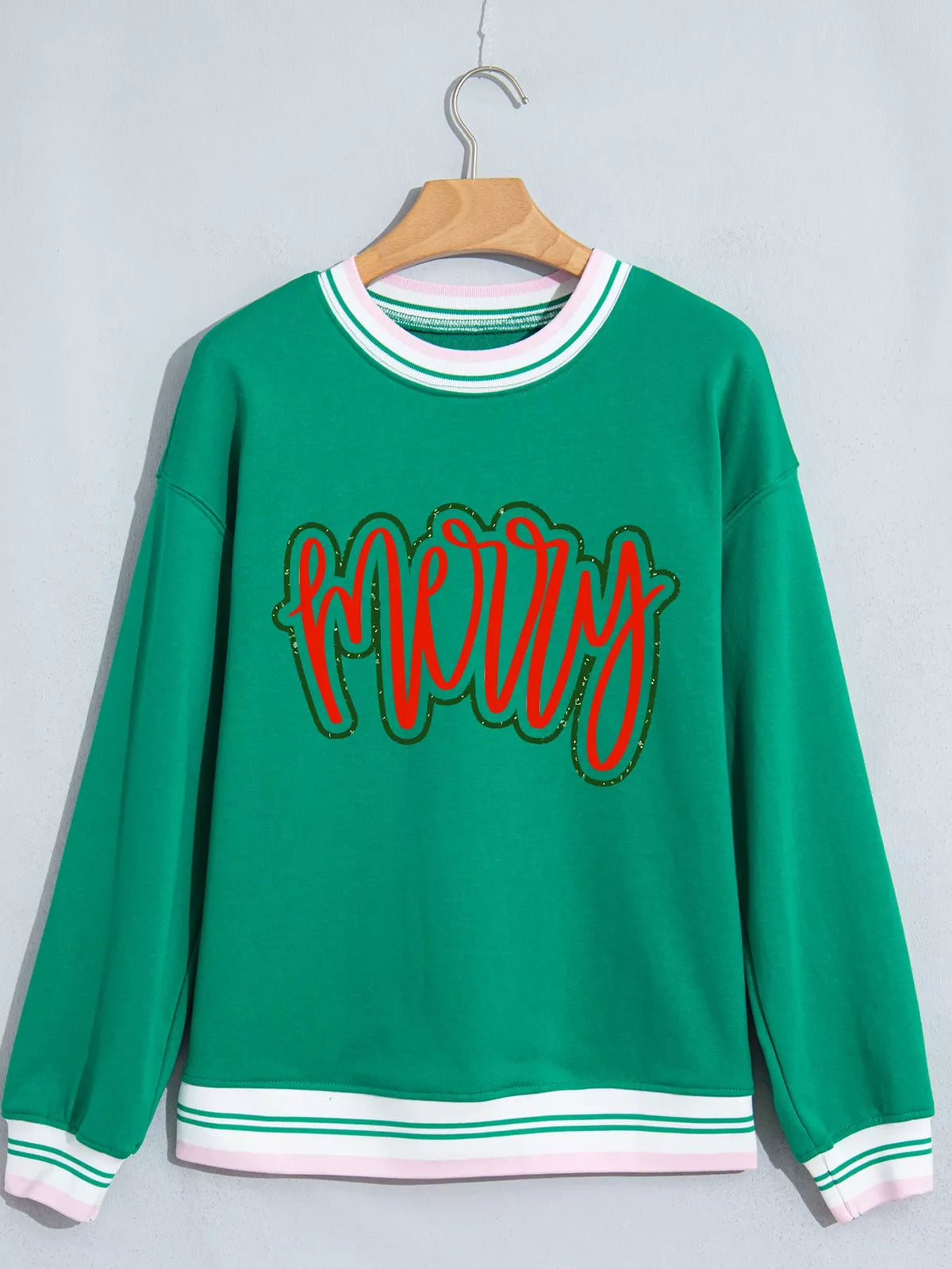 Merry Holiday Graphic Striped Trim Crew Neck Sweatshirt