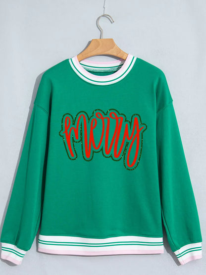 Merry Holiday Graphic Striped Trim Crew Neck Sweatshirt