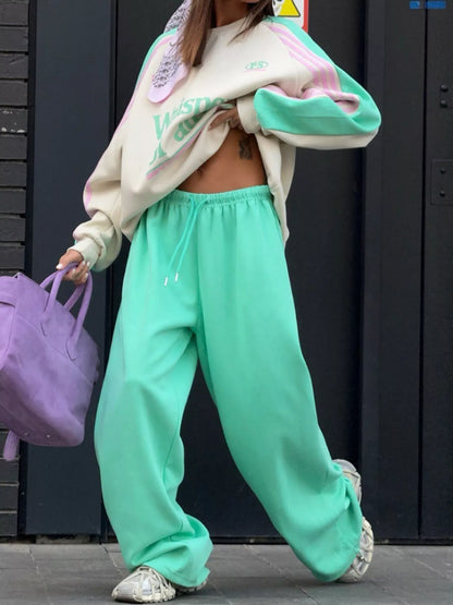 Color-Block Graphic Sweatshirt and Wide-Leg Pants Set