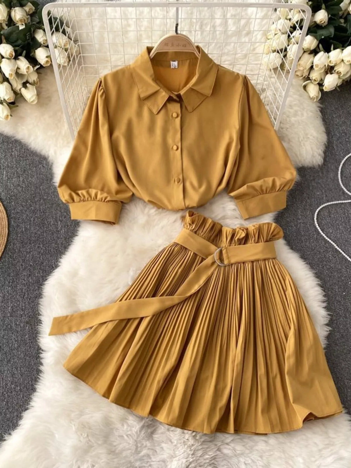 Puff Sleeve Shirt and Pleated Skirt Set