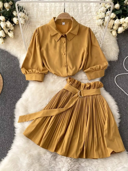 Puff Sleeve Shirt and Pleated Skirt Set