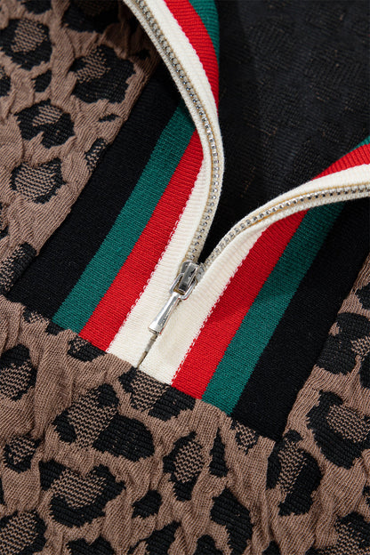 Brown Leopard Jacquard Striped Patchwork Half Zip Short Sleeve Blouse