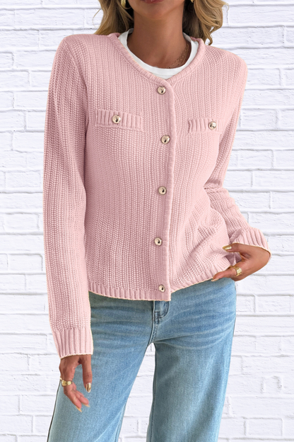 Front Ribbed Long Sleeve Cardigan Pink