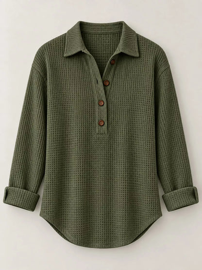 Full Size Waffle Knit Long Sleeve Polo Top Plus Size