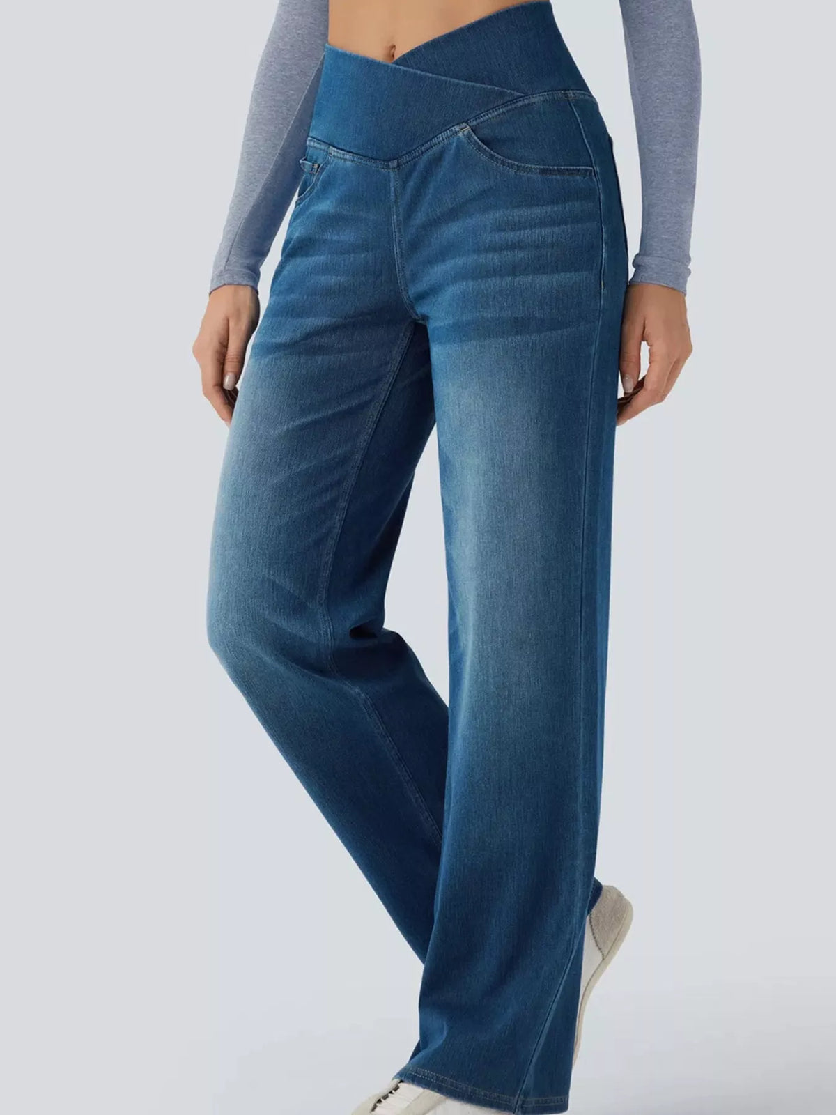 High Waisted Stretch Jeans with Crossover Waist | Straight Leg