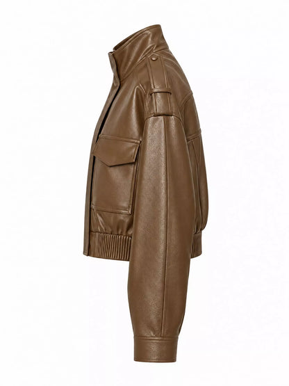Faux Leather Cropped Bomber Jacket
