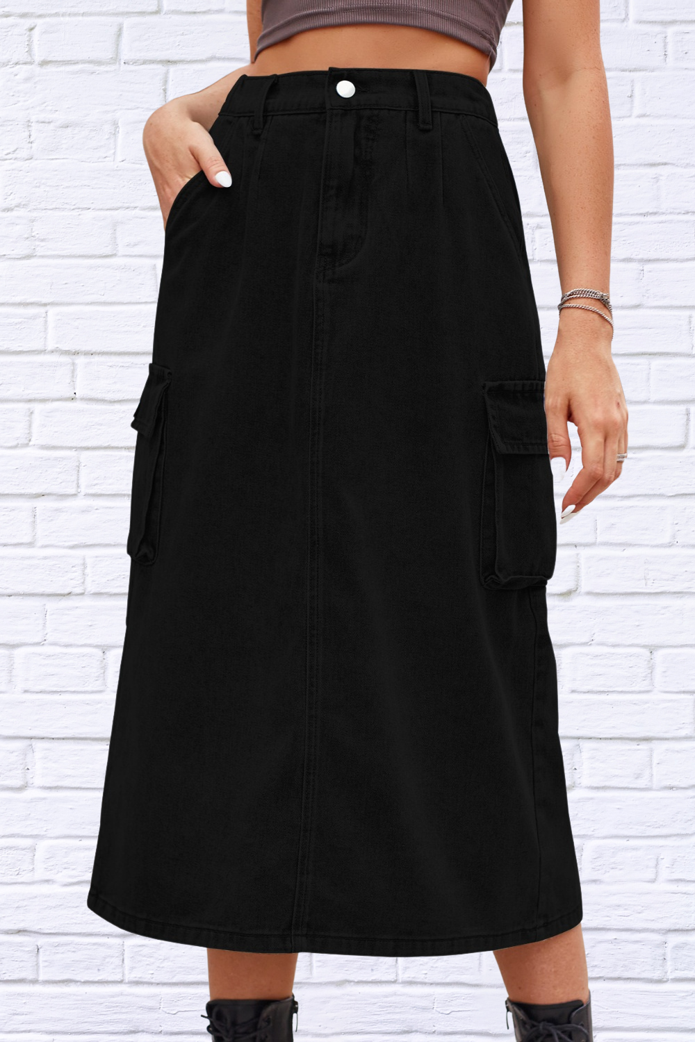 Slit Buttoned Denim Skirt with Pockets Black