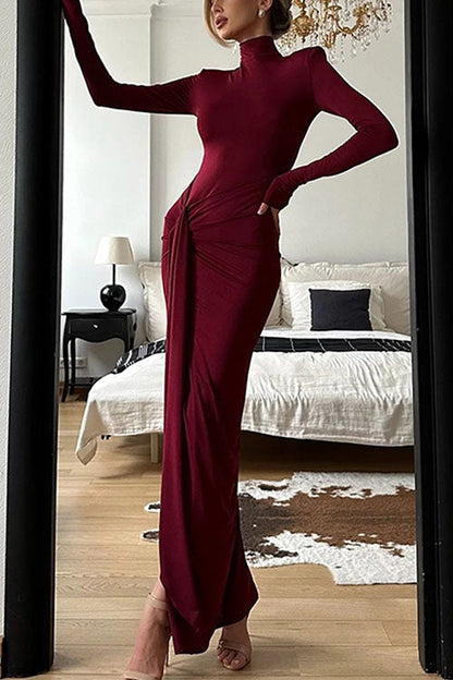 Turtleneck Ruched High Slit Maxi Party Dress