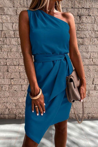 One Shoulder Sleeveless Tie Waist Ruched Dress LakeBlue