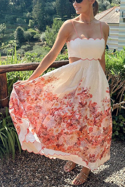 Back Lace-up Cut Out Floral Print A-line Maxi Cami Dress