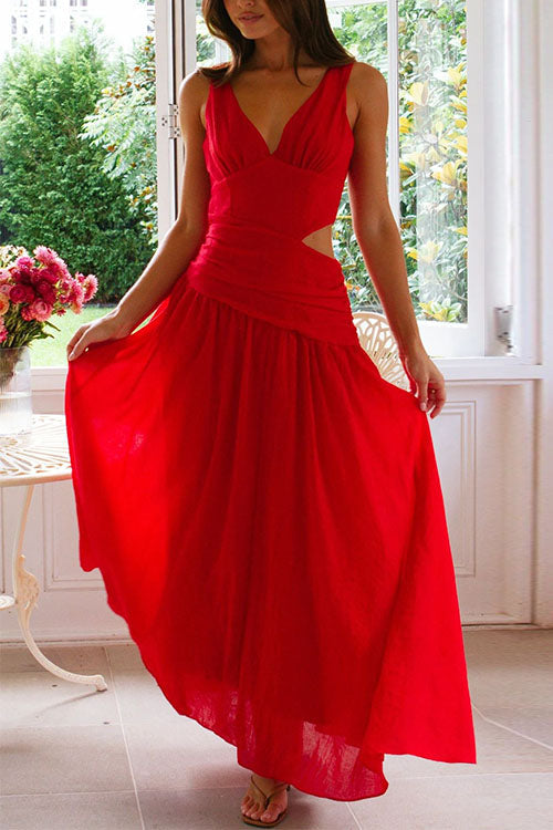 V Neck Sleeveless Cut Out Swing Maxi Dress