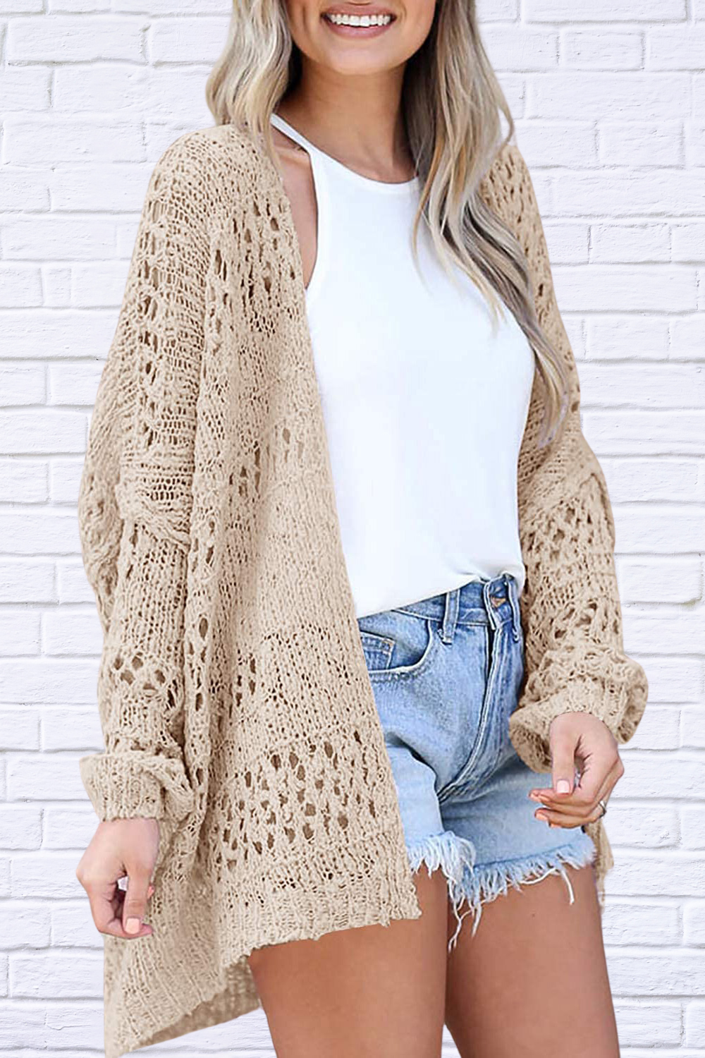 Kim Openwork Open Front Long Sleeve Cardigan Sand