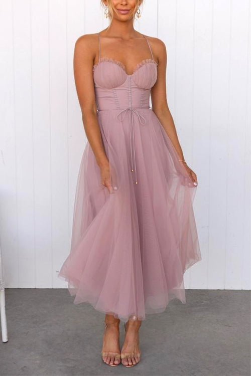 Backless Tie Waist Mesh Swing Maxi Cami Dress