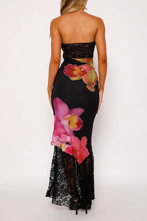 Strapless Lace Splice Floral Print Maxi Dress