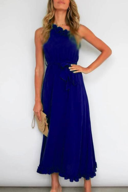 One Shoulder Sleeveless Tie Waist Ruffle Swing Dress Blue