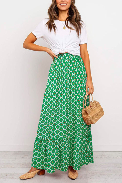 High Waist Bohemia Printed Maxi Ruffle Beach Skirt LightGreen