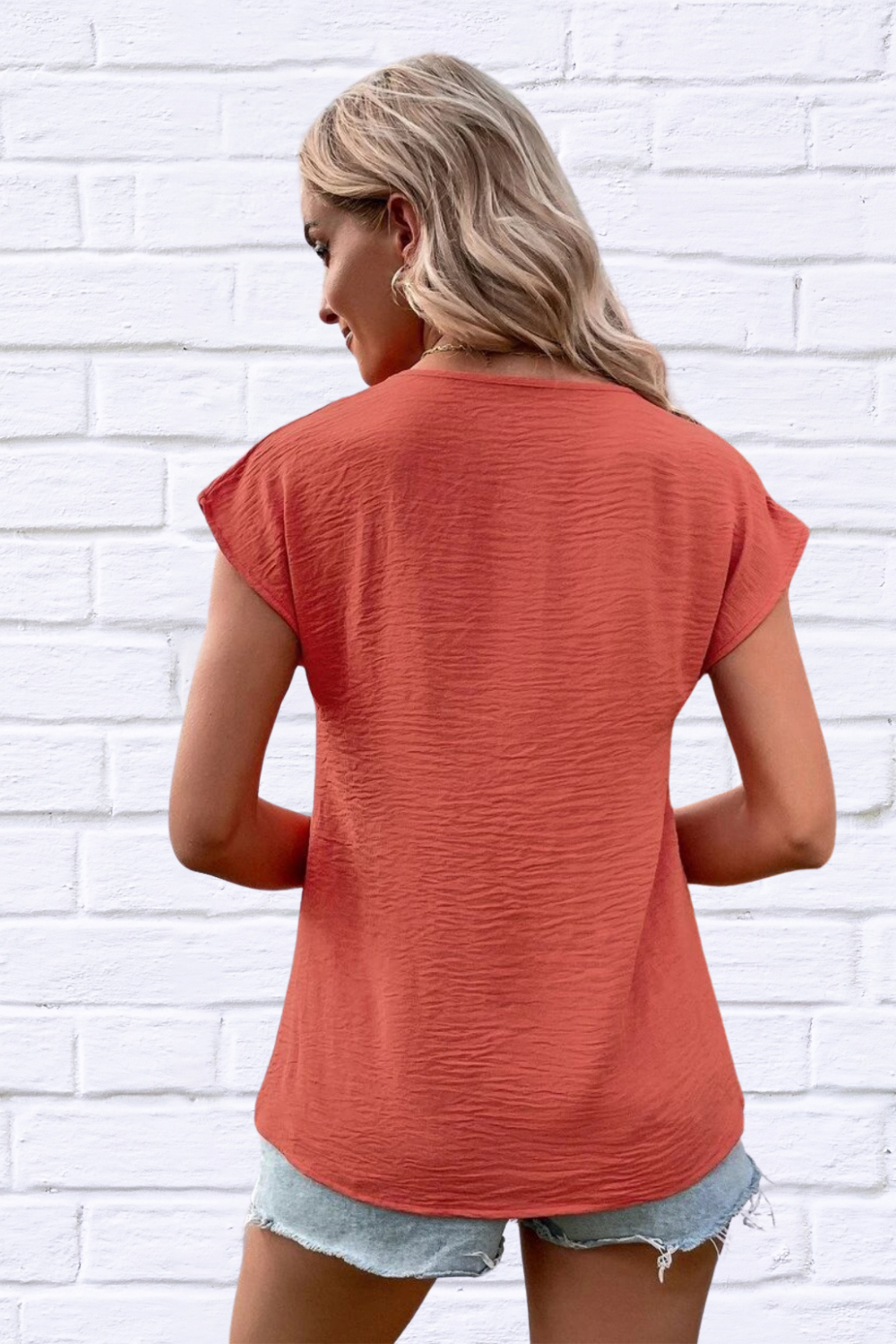 Decorative AirFlow Button V-Neck Short Sleeve Blouse