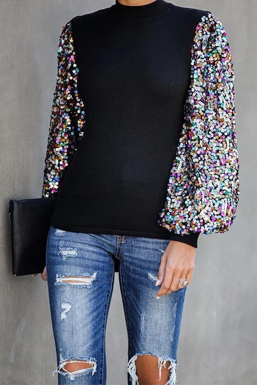 Creneck Sequin Lantern Sleeve Knitting Blouses Black
