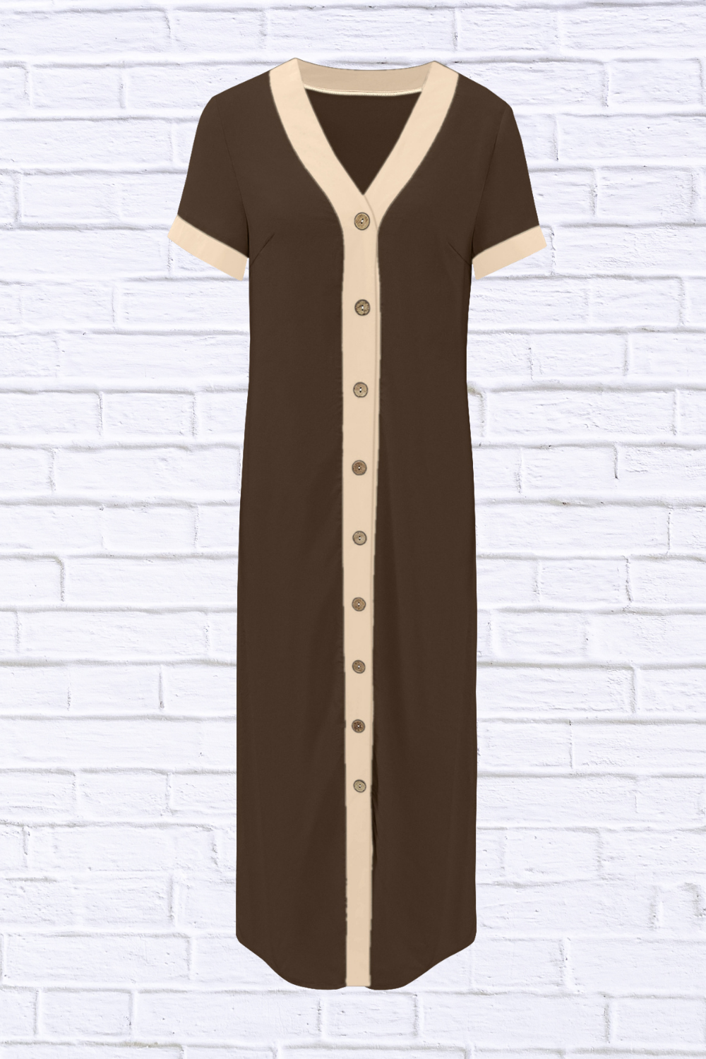 Button-Front Contrast Trim Midi Dress Coffee Brown