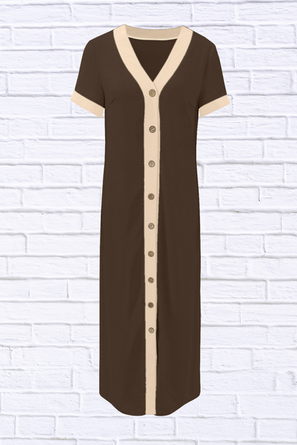 Button-Front Contrast Trim Midi Dress Coffee Brown