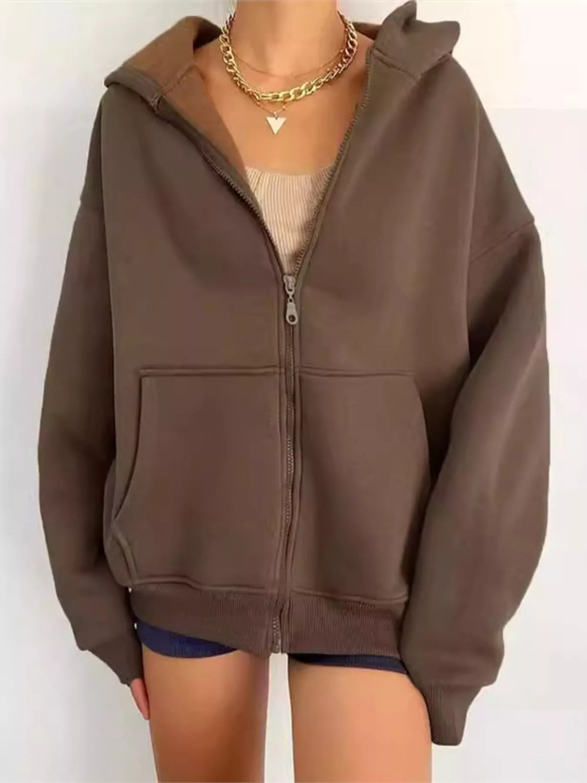 Full Size Zip-Up Dropped Shoulder Hoodie Plus Size