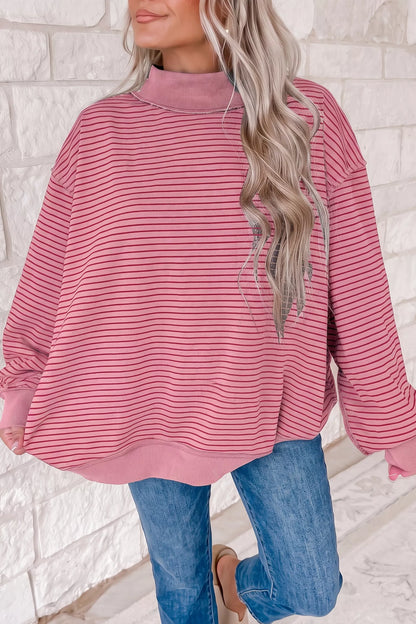 Stripe Ribbed Color Block Mock Neck Oversized Sweatshirt
