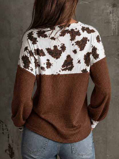 Cow Print Color Block Waffle Knit Blouse