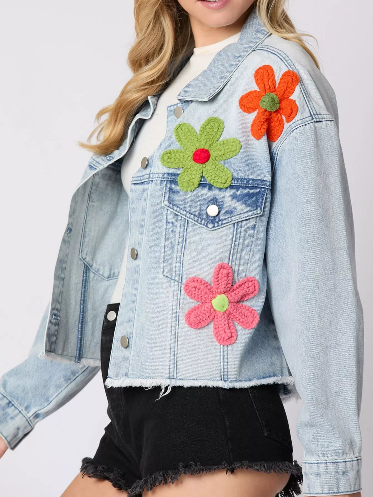 Applique Cropped Denim Jacket with Raw Hem