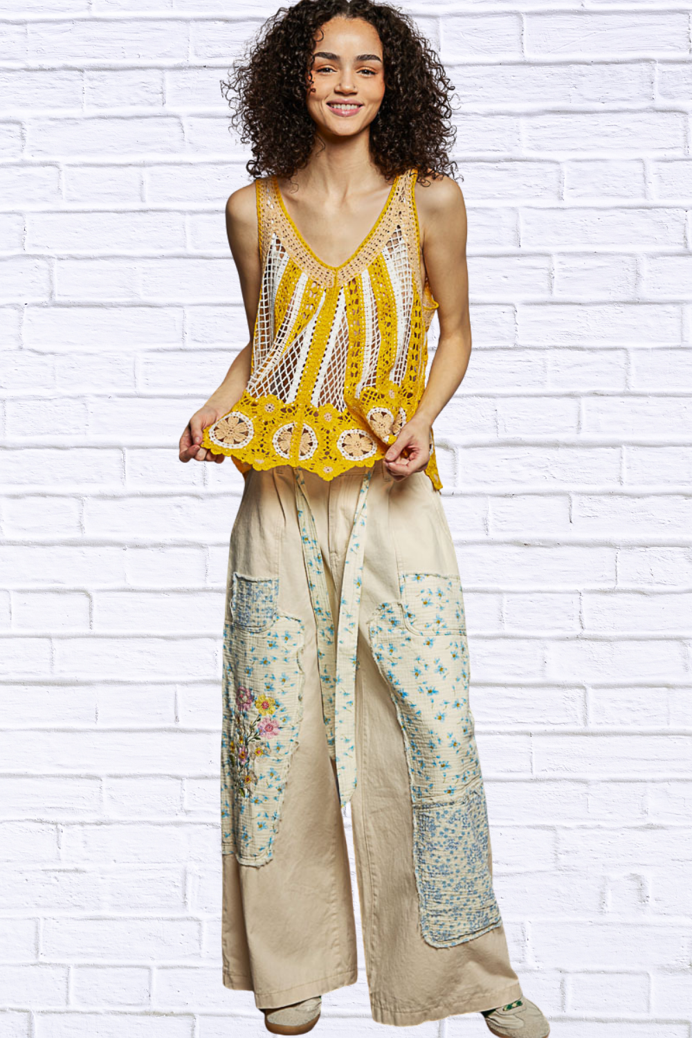 Lilly Openwork Stripe Pattern Flowy Tank with Scalloped Edge