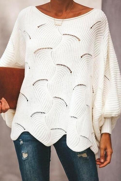Solid Irregular Hem Lantern Sleeve Knit Sweater White