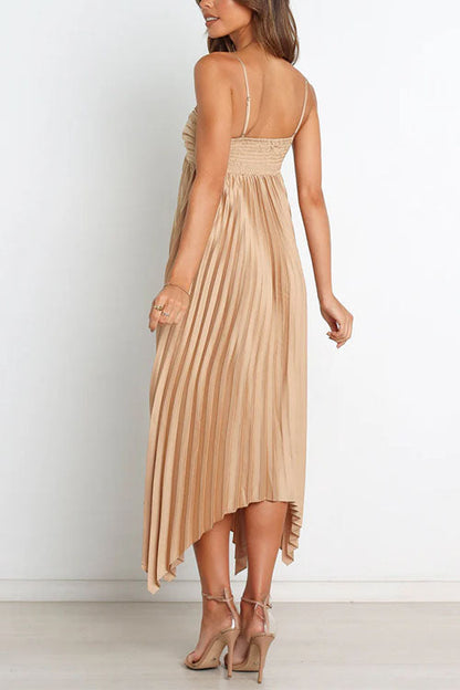 Spaghetti Strap Irregular Hem Pleated Swing Midi Dress