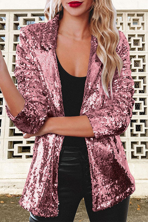 Sparkle Open Front Sequin Blazer Coat Mauve