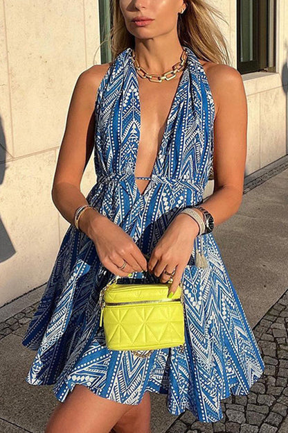 Halter V Neck Open Back Printed Mini Vacation Dress