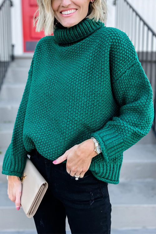 Turtleneck Waffle Knit Winter Sweater Green