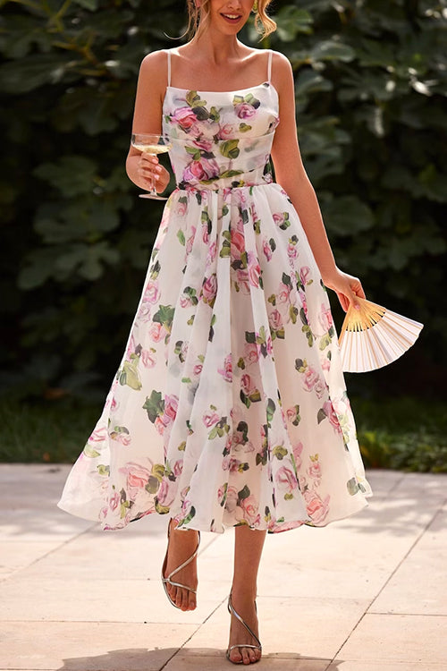 Adjustable Strap Waisted Floral Swing Midi Holiday Dress Floral