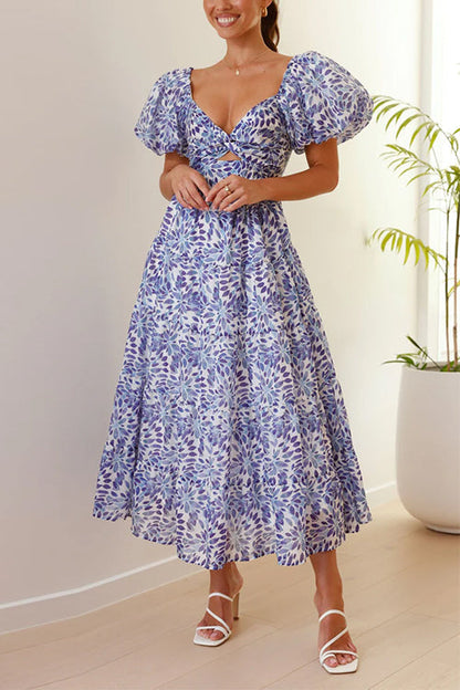V Neck Twist Front Cut Out Waisted Floral Maxi Ruffle Dress Blue
