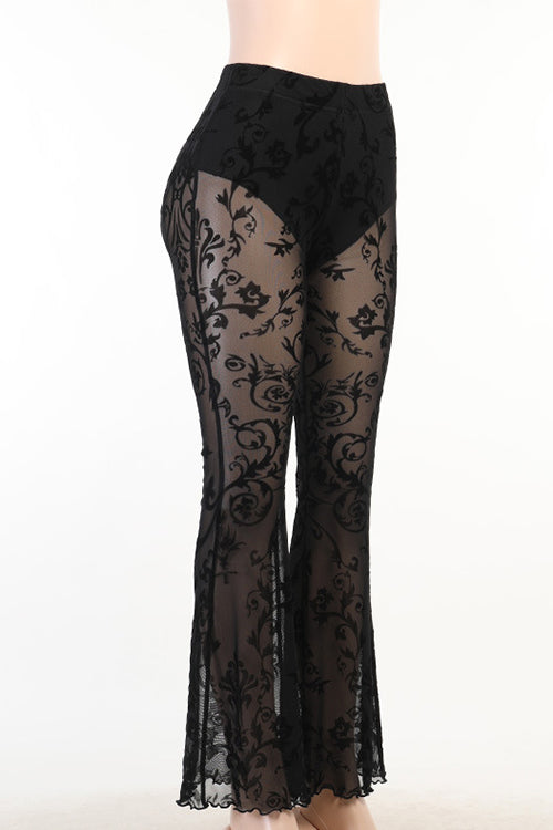 Elastic Waist Bell Bottomed Mesh Lace Pants