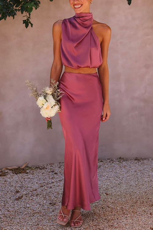 Turtleneck Sleeveless Crop Top High Waist Maxi Skirt Satin Set HotPink