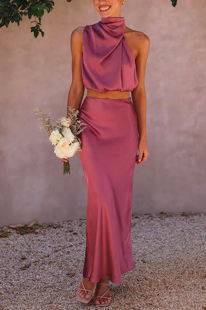 Turtleneck Sleeveless Crop Top High Waist Maxi Skirt Satin Set HotPink