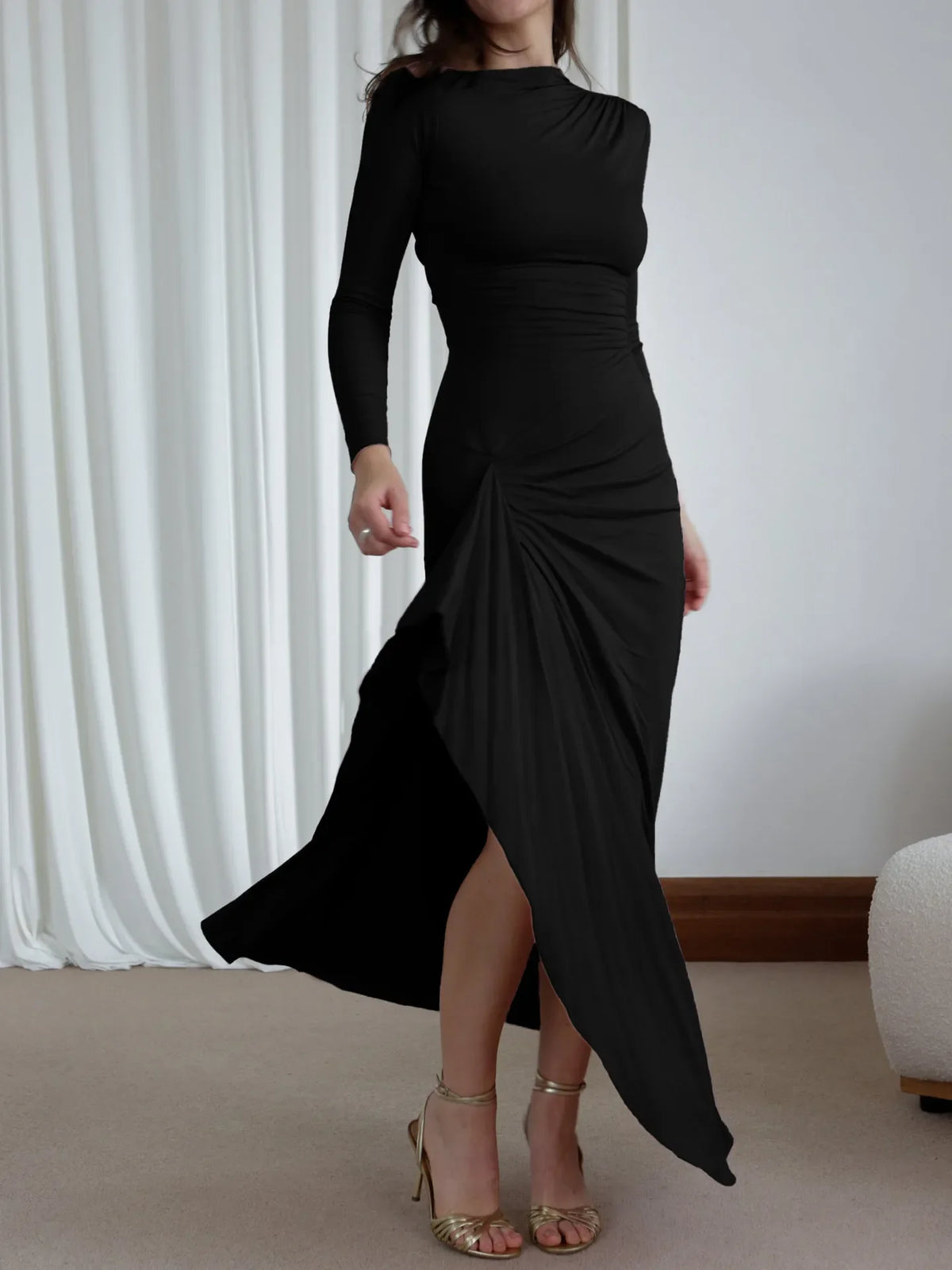 Ruched Long Sleeve Maxi Dress Black
