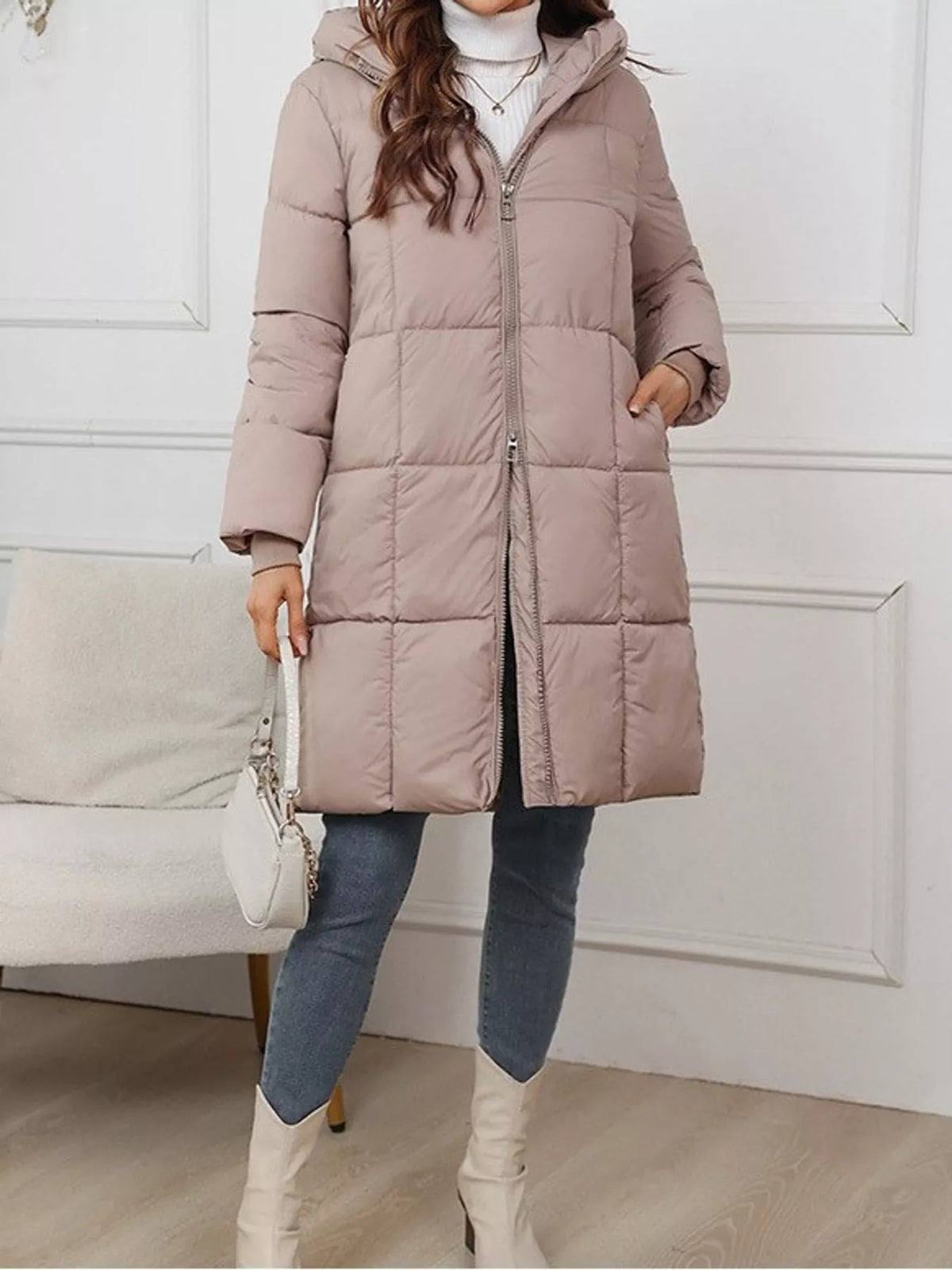 Full Size Zip Up Hooded Longline Puffer Outerwear Plus Size