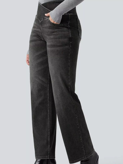 High Waisted Stretch Jeans with Crossover Waist | Straight Leg