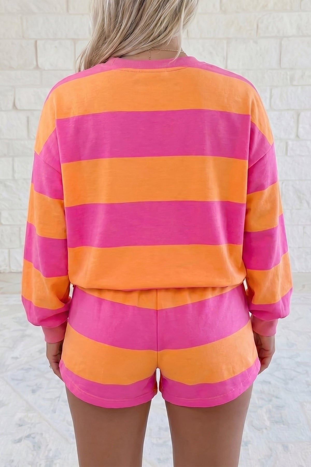 Pink Stripe Long Sleeve Casual Top Drawstring Shorts 2pcs Set