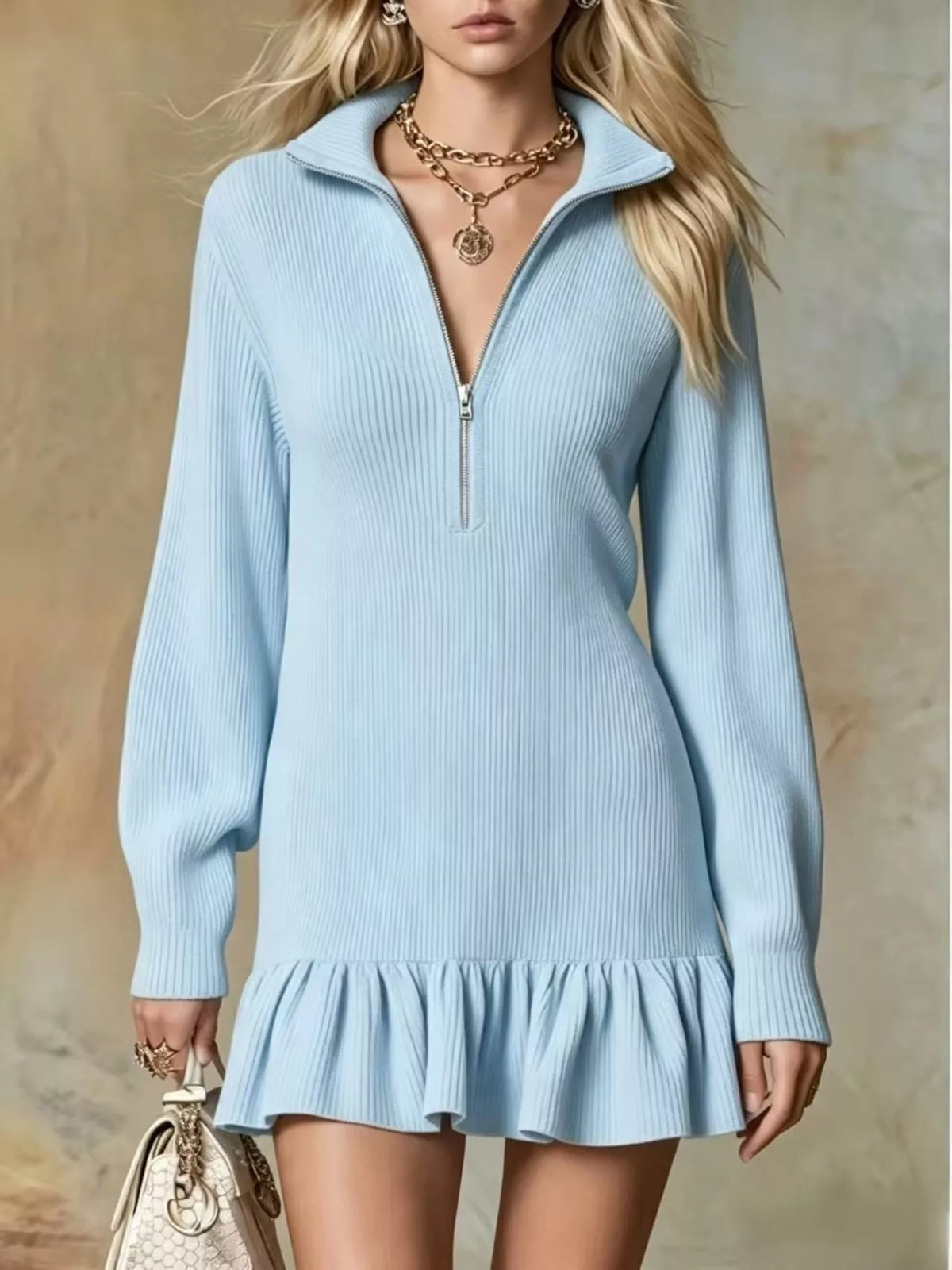 Full Size Half Zip Ruffled Hem Dress Plus Size