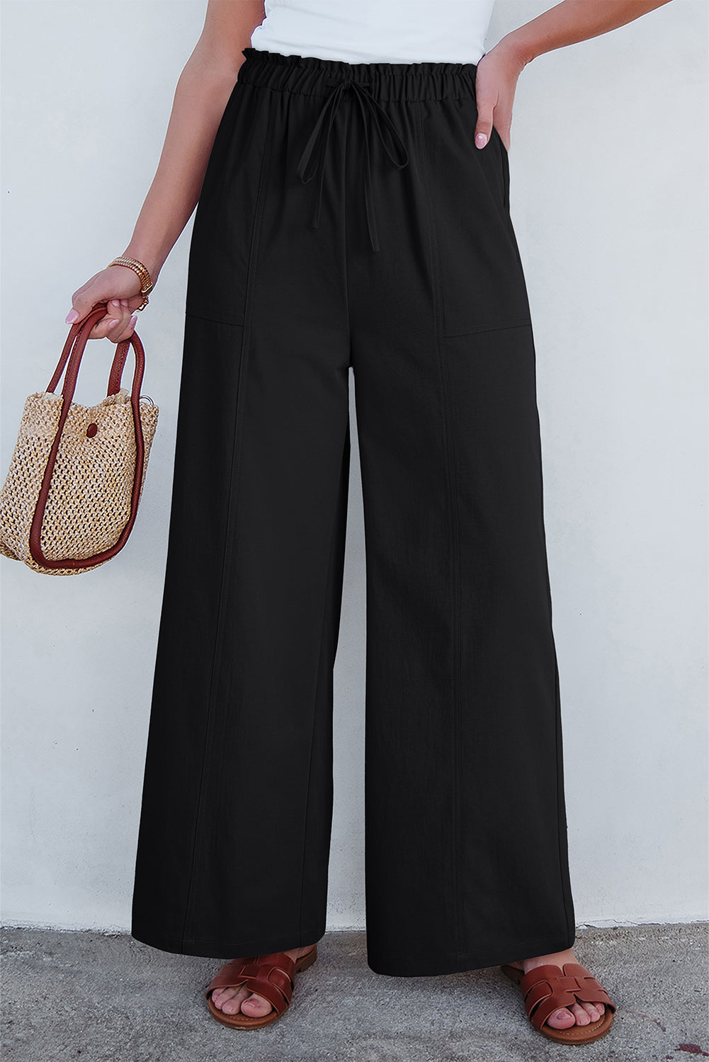 Black Solid Color Drawstring Elastic Waist Casual Loose Pants