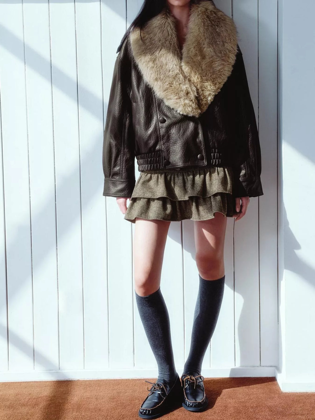 Faux Fur Collar Leather Bomber Jacket