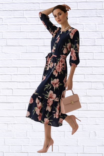 🌸 Navy Floral Midi Dress with Belt and Side Pockets