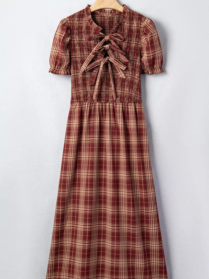 Plaid Knot Front Smocked High Waist Midi Dress