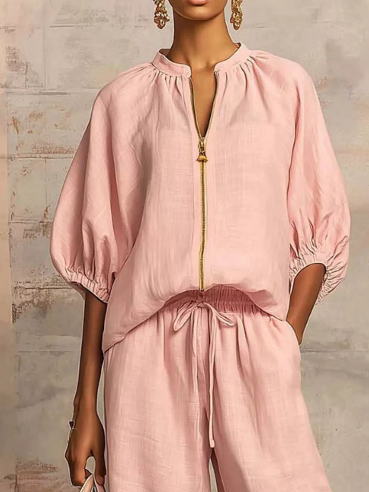 Full Size Zip-Front Top and Wide-Leg Pants Set Plus Size